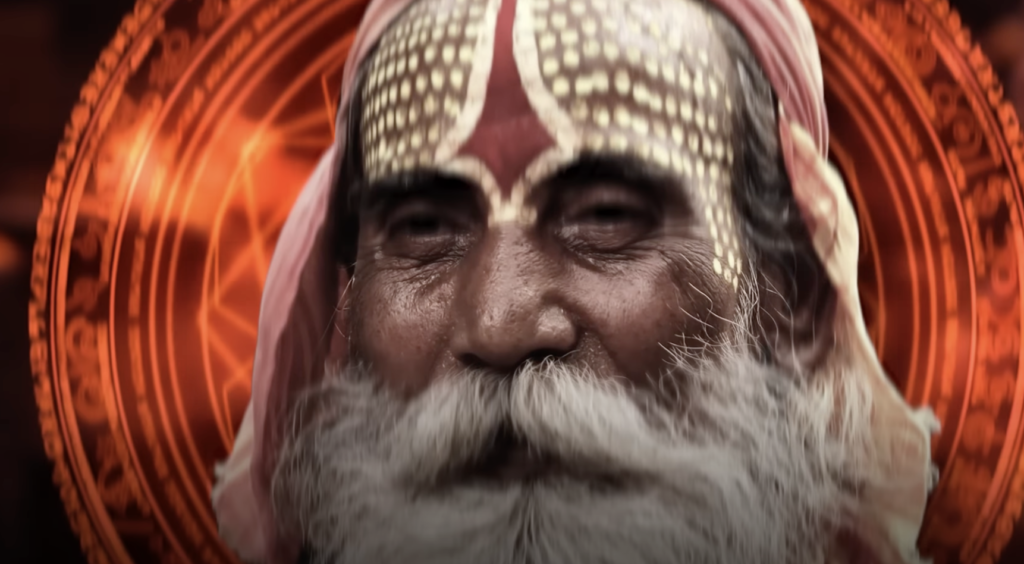Shishir Kumar, a renowned paranormal expert, wearing traditional attire and sitting in a meditative pose, surrounded by mystical elements symbolizing his spiritual journey.